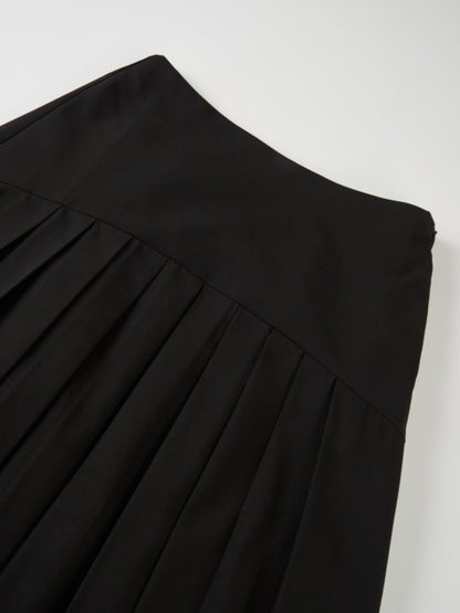 Curved Yoke Fringe Bottom Pleat Skirt SHORT - Black