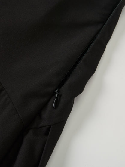 Curved Yoke Fringe Bottom Pleat Skirt SHORT - Black