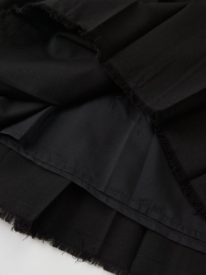 Curved Yoke Fringe Bottom Pleat Skirt SHORT - Black