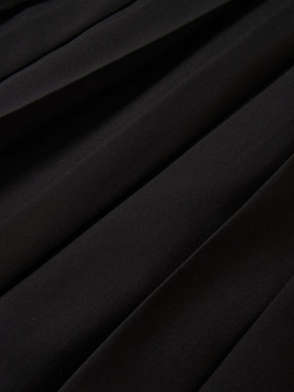 Curved Yoke Fringe Bottom Pleat Skirt SHORT - Black