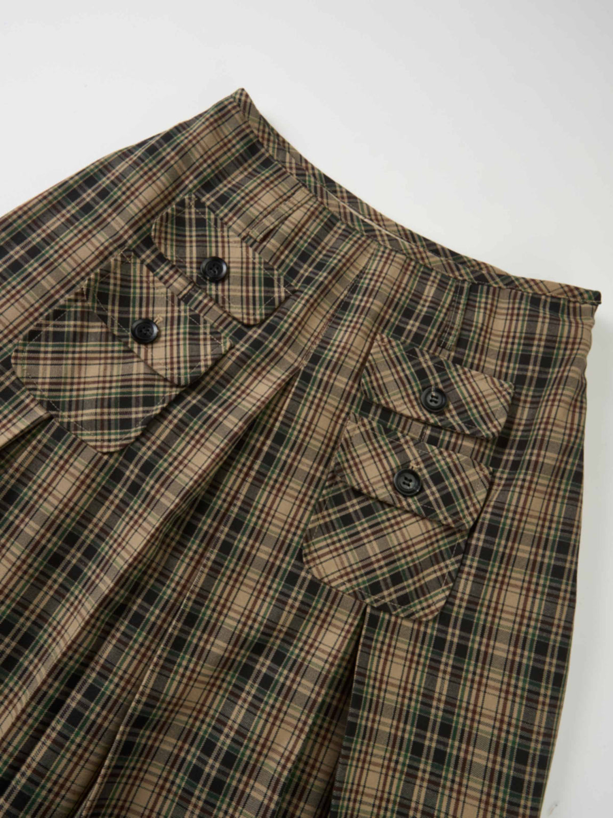 Pocket Detail Pleat Skirt - Camel/Black/Green Plaid