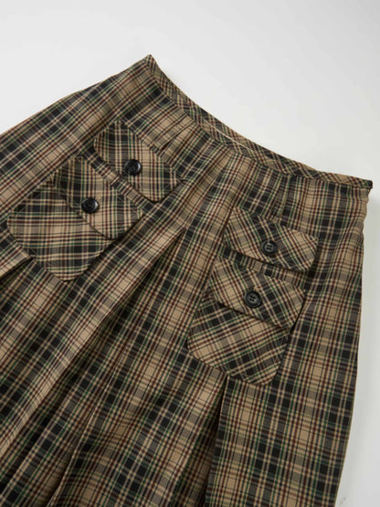 Pocket Detail Pleat Skirt - Camel/Black/Green Plaid