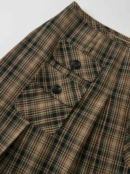 Pocket Detail Pleat Skirt - Camel/Black/Green Plaid