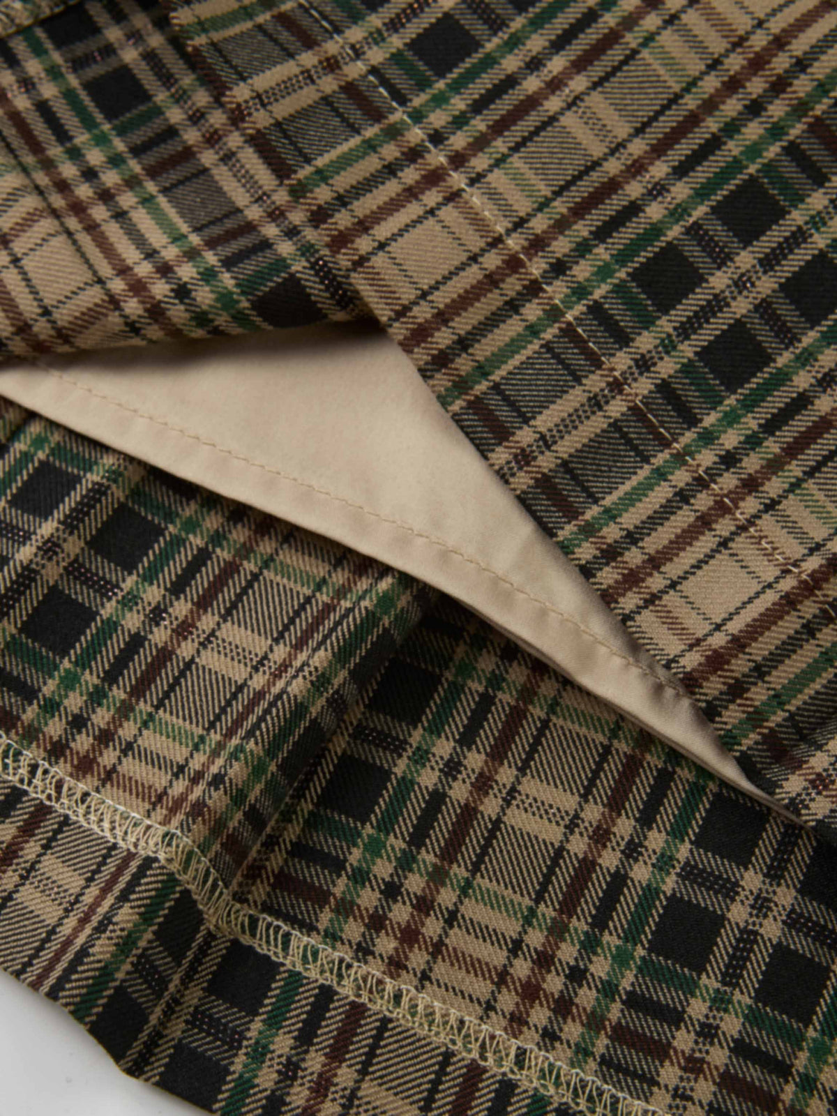 Pocket Detail Pleat Skirt - Camel/Black/Green Plaid