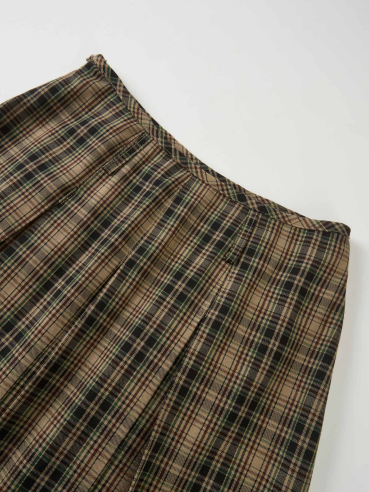 Pocket Detail Pleat Skirt - Camel/Black/Green Plaid