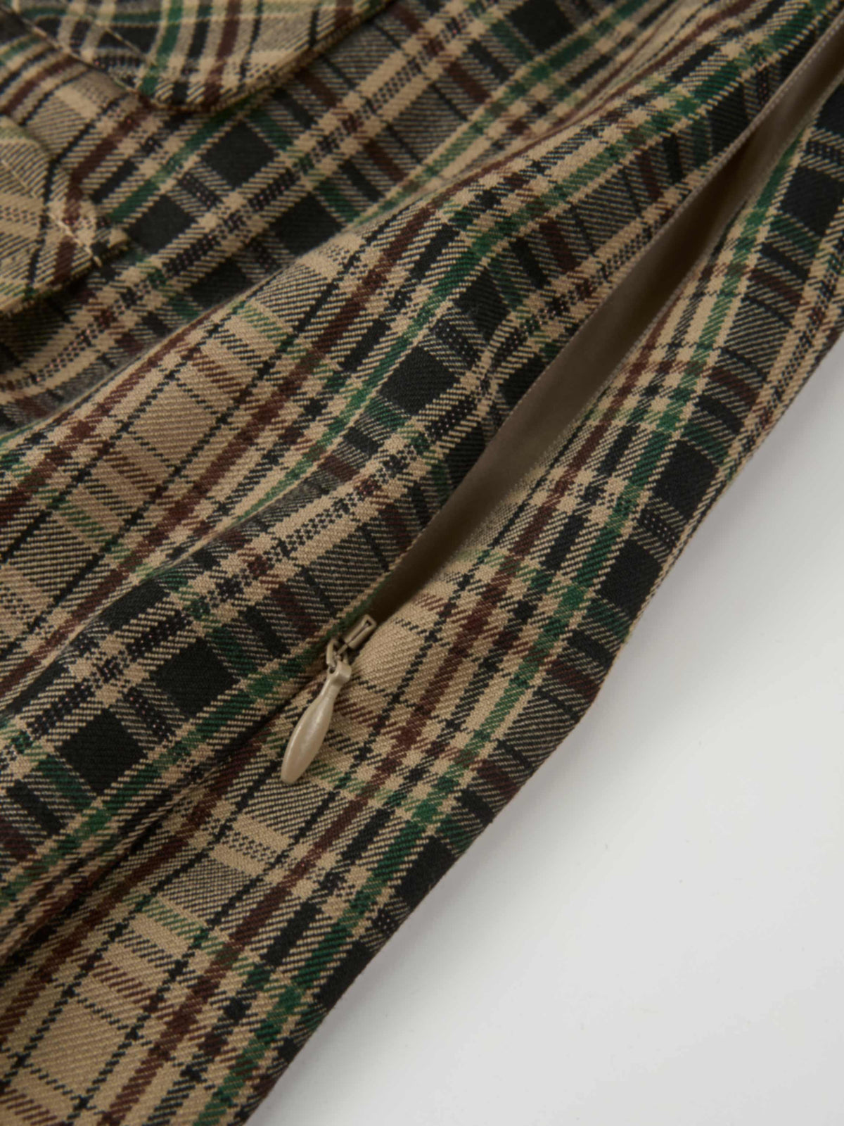 Pocket Detail Pleat Skirt - Camel/Black/Green Plaid
