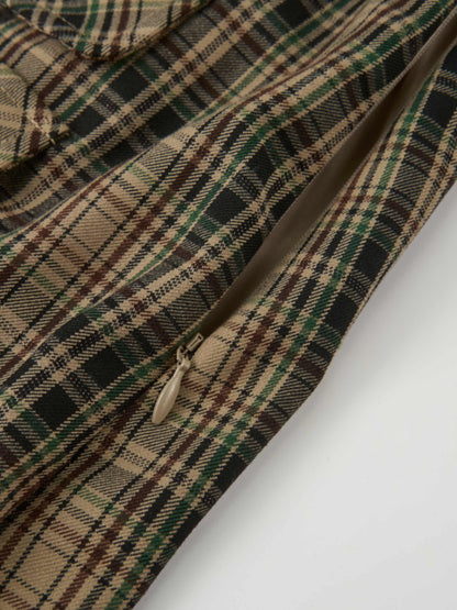 Pocket Detail Pleat Skirt - Camel/Black/Green Plaid