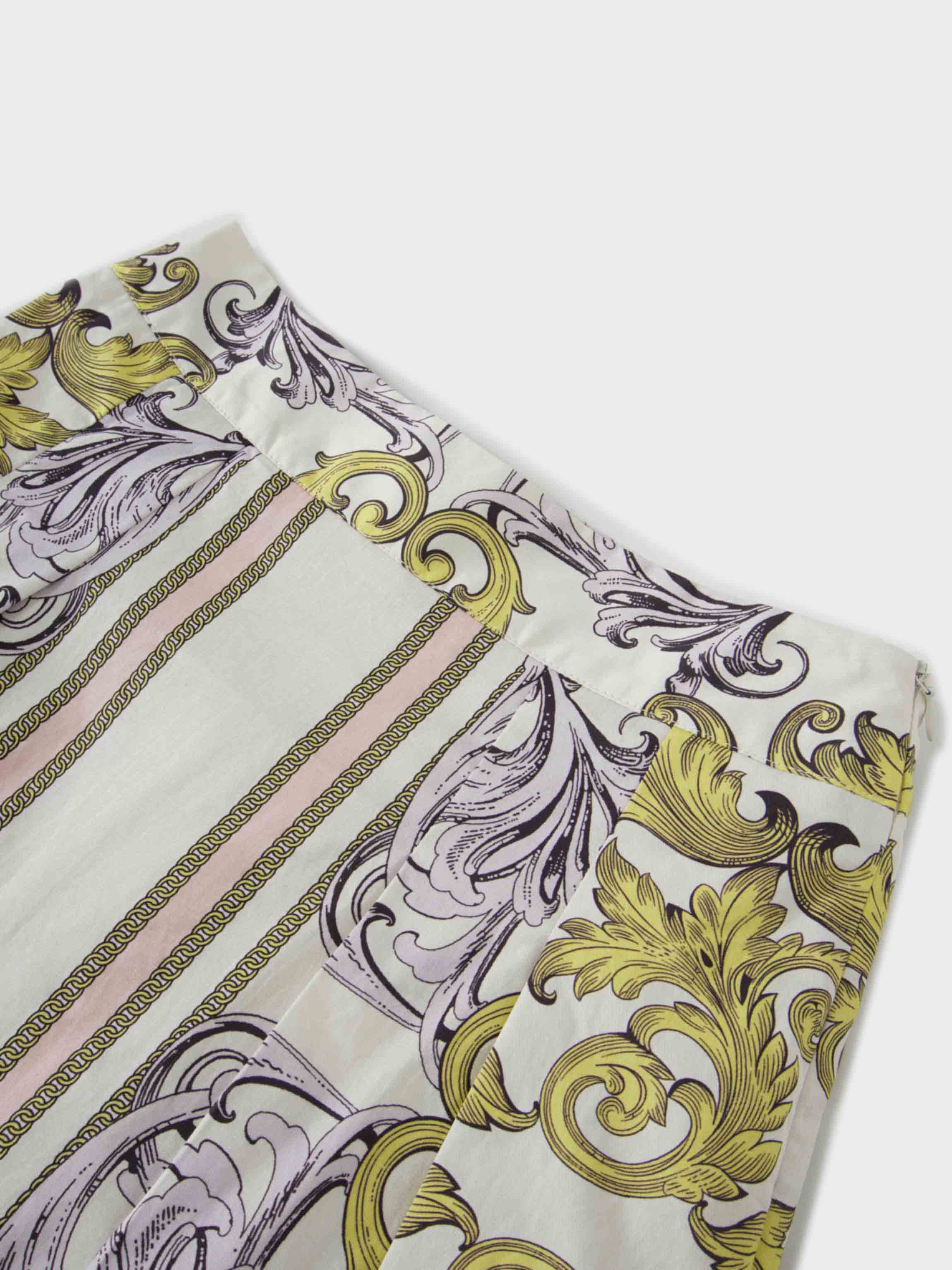Printed Cotton Pleat Skirt-Yellow/Lavender