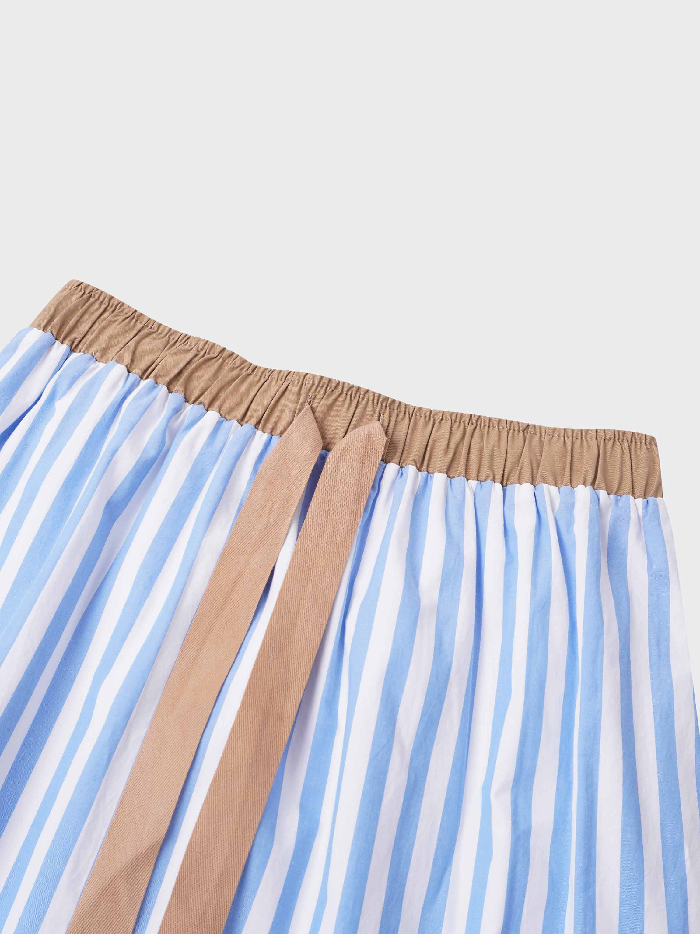 Drawstring Striped Cotton Skirt-Light Blue