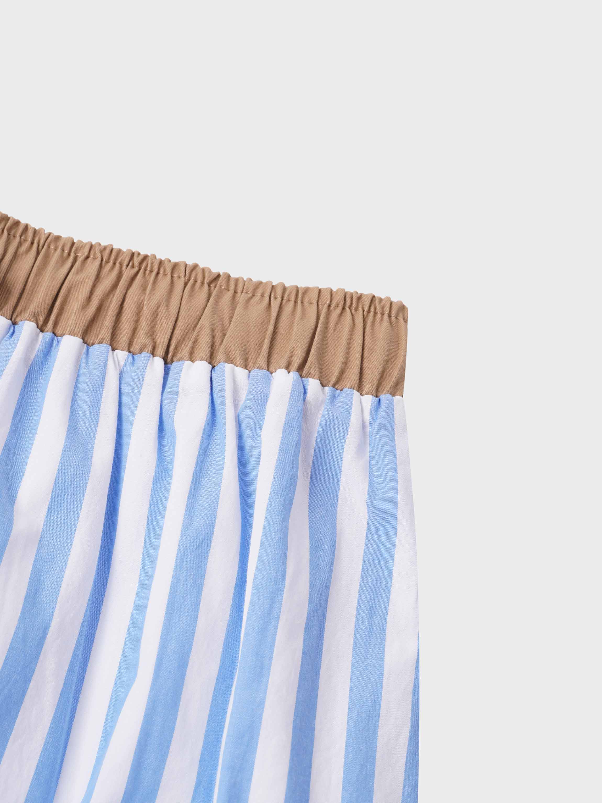 Drawstring Striped Cotton Skirt-Light Blue