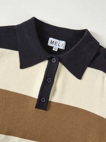 Knit Polo Top - Navy/Camel/Cream