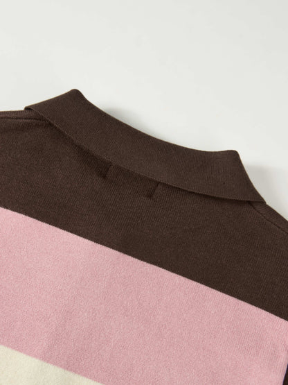 Knit Polo Top - Chocolate Brown/Pink/Cream