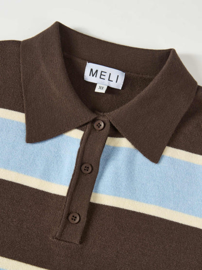 Knit Polo Top - Brown/Light Blue