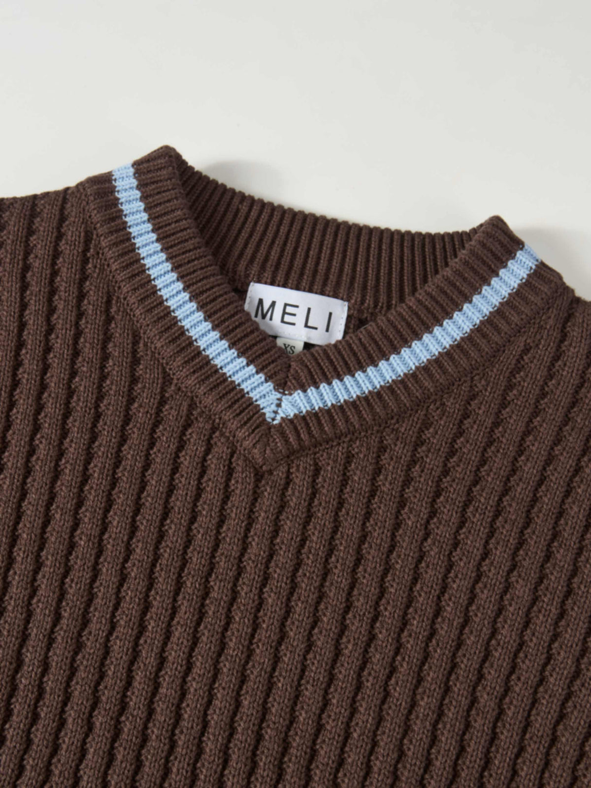 High V Waffle Sweater - Brown/ Light Blue