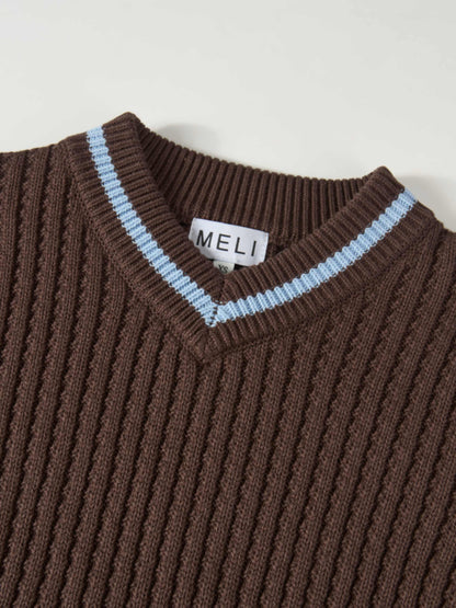 High V Waffle Sweater - Brown/ Light Blue