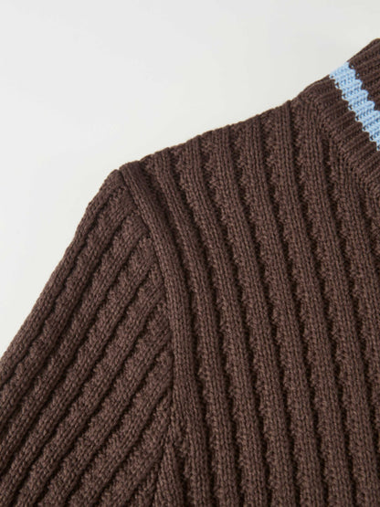 High V Waffle Sweater - Brown/ Light Blue