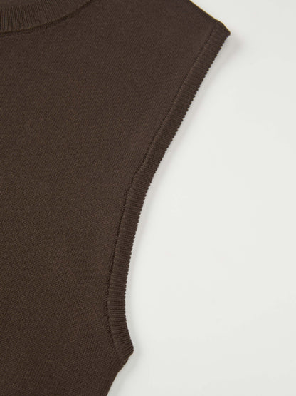 Sleeveless Crew Neck Silk Knit Top - Brown