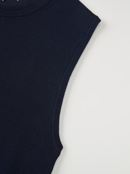 Sleeveless Crew Neck Silk Knit Top - Navy