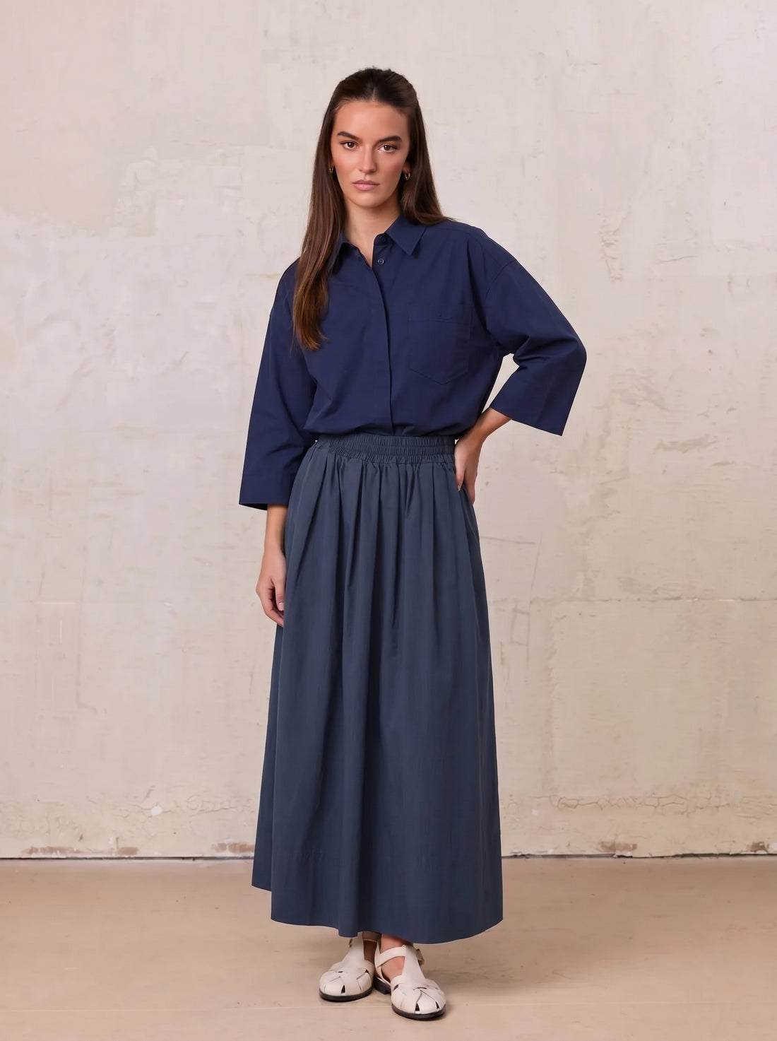 Elastic Waist Gathered Skirt-Navy