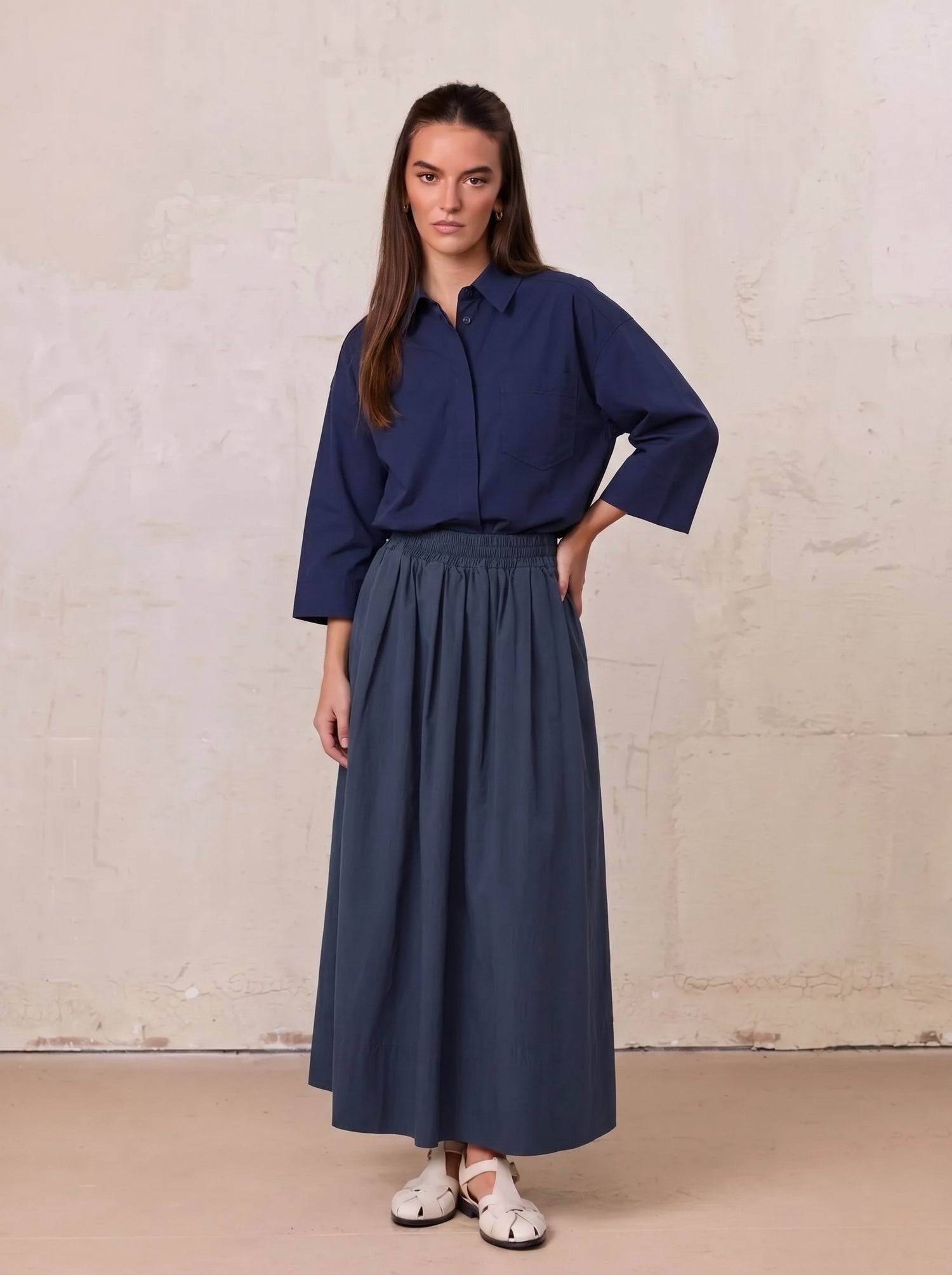 Elastic Waist Gathered Skirt-Navy