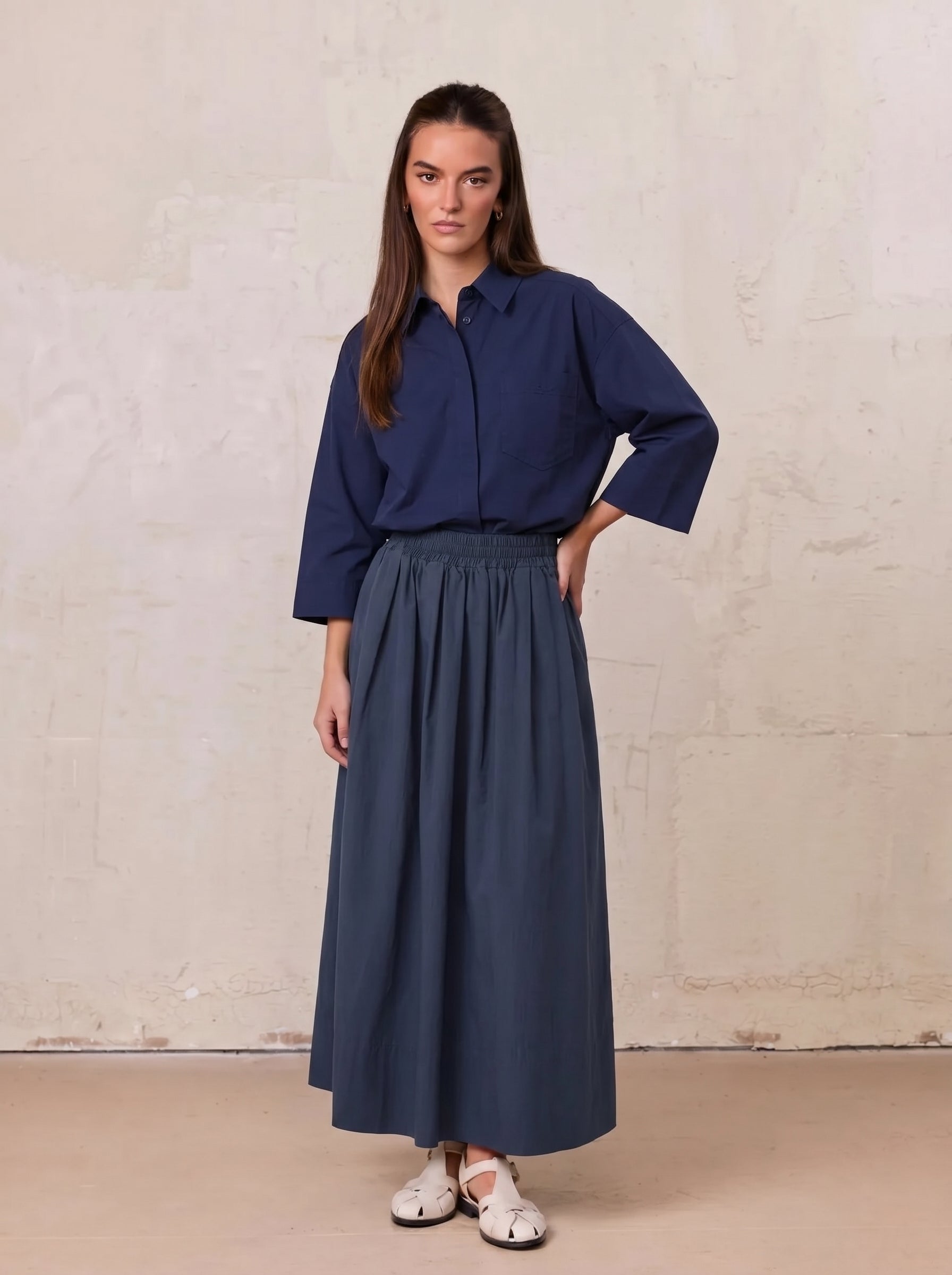 Elastic Waist Gathered Skirt-Navy
