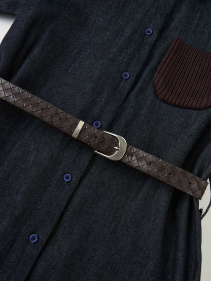 Knit Pocket Denim Dress - Blue