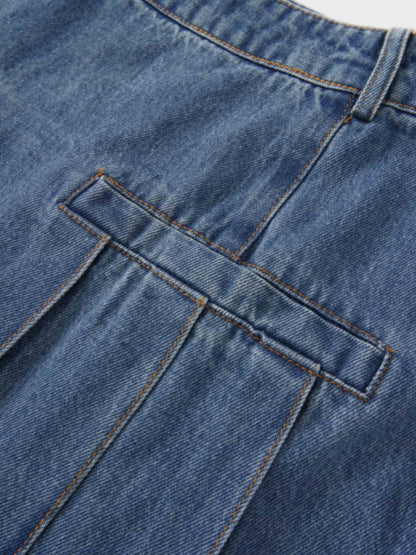 Pleat Pocket Tab Denim Skirt-Blue
