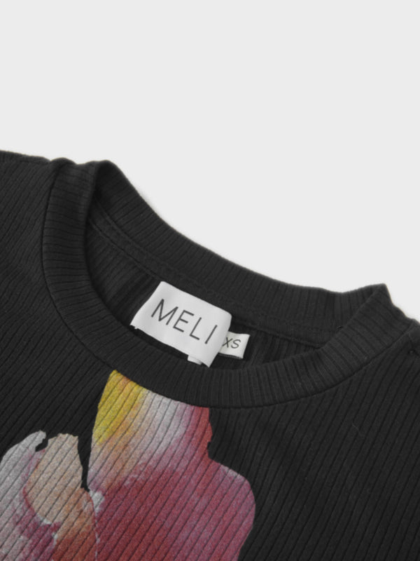 Printed Ribbed T-Shirt-Black Flower Pop