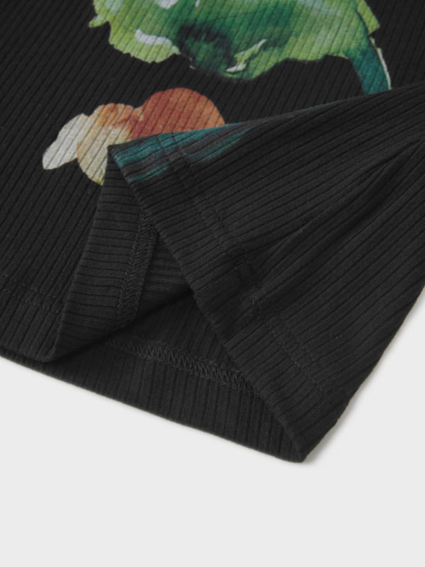Printed Ribbed T-Shirt-Black Flower Pop
