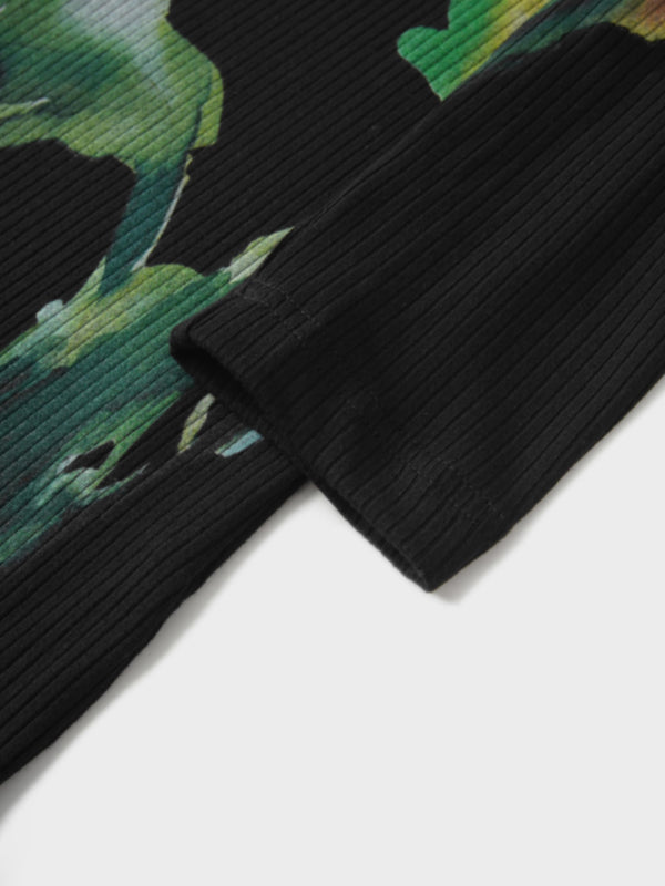 Printed Ribbed T-Shirt-Black Flower Pop