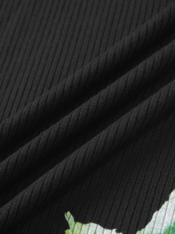 Printed Ribbed T-Shirt-Black Flower Pop