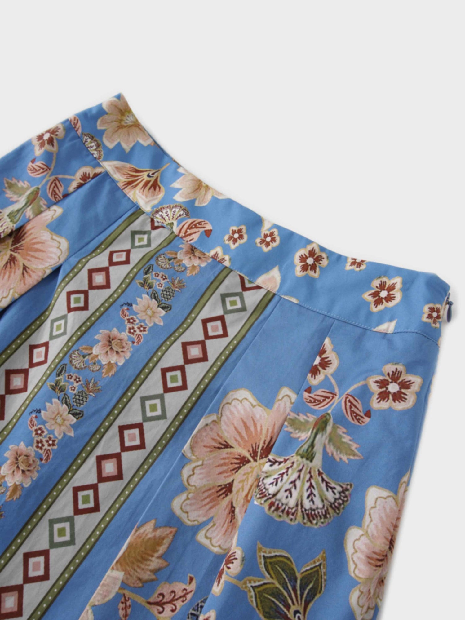 Printed Cotton Pleat Skirt-Light Blue/Peach