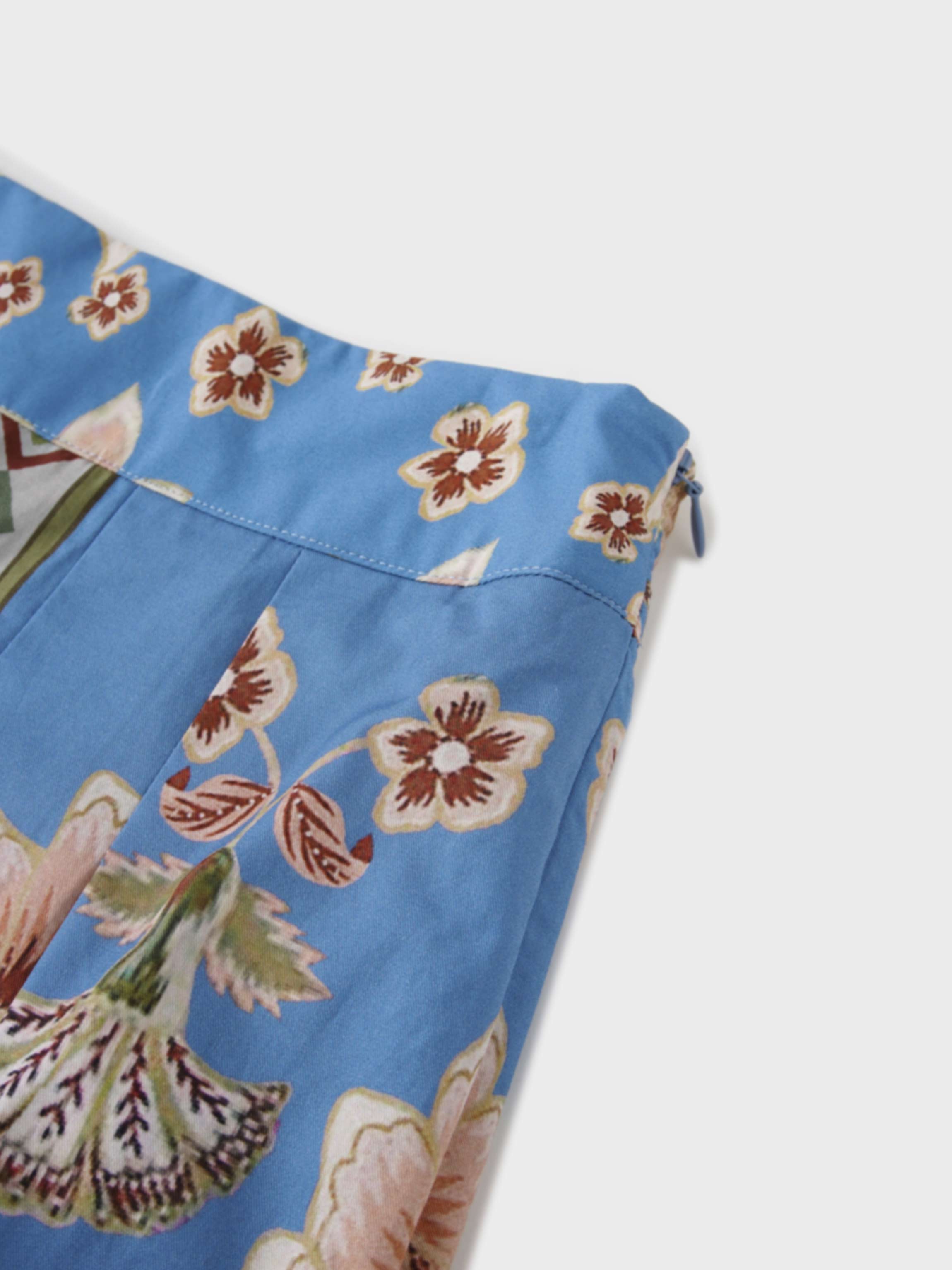 Printed Cotton Pleat Skirt-Light Blue/Peach