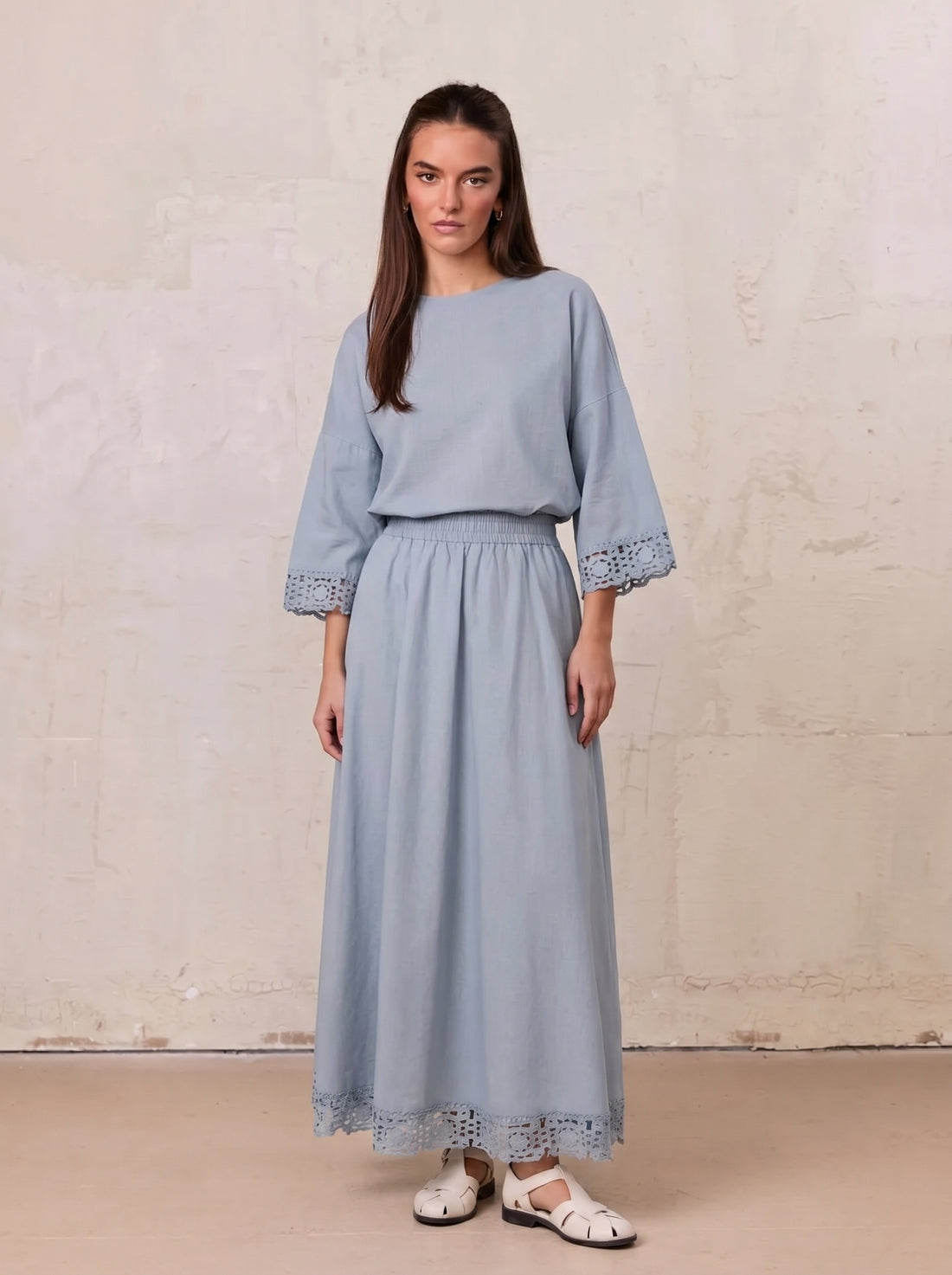 Crochet Trim Skirt-Light Blue