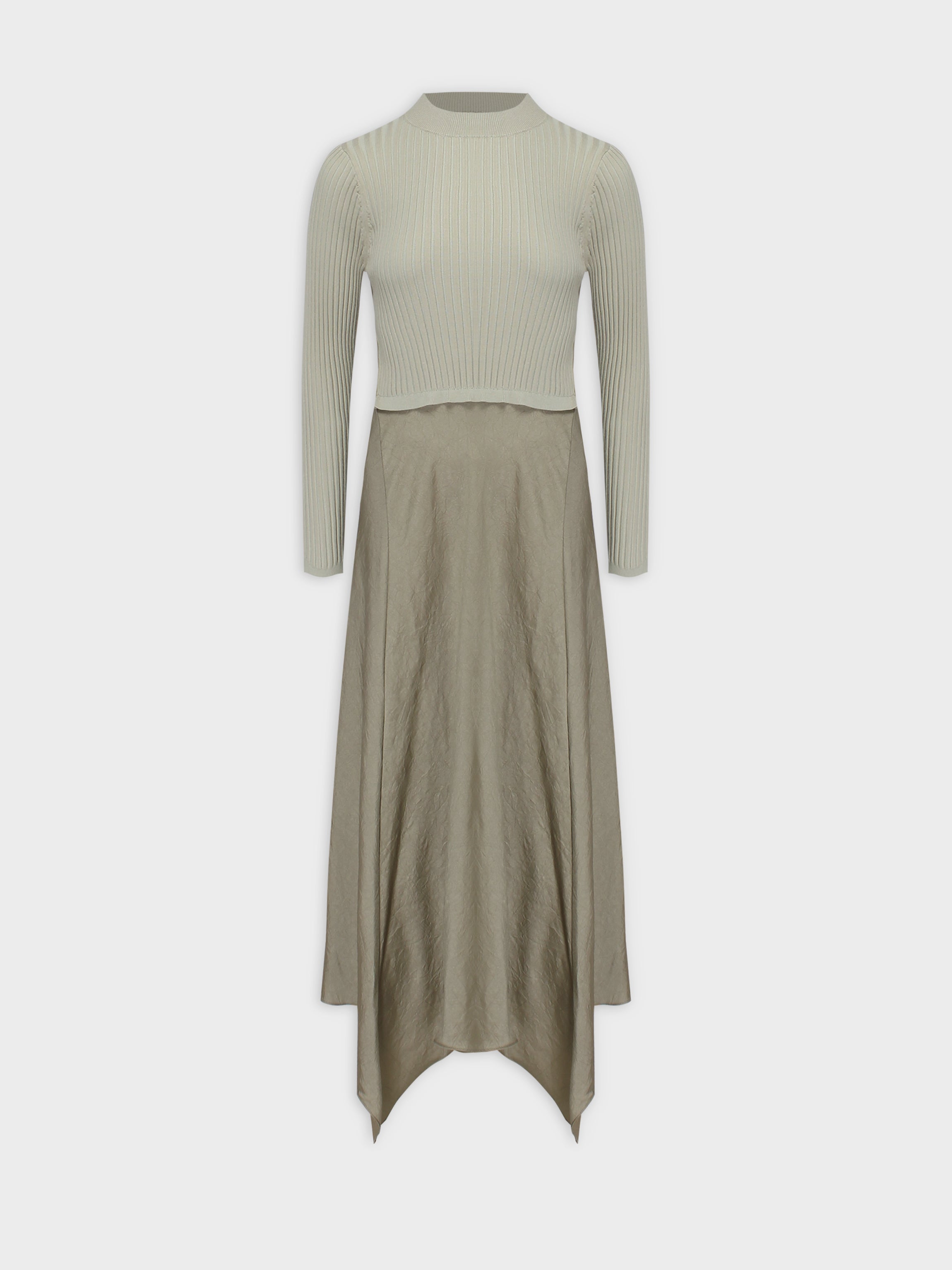 Crew Knit Satin Dress-Sage