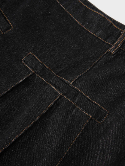 Pleat Pocket Tab Denim Skirt-Black