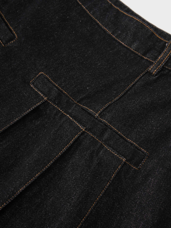 Pleat Pocket Tab Denim Skirt-Black