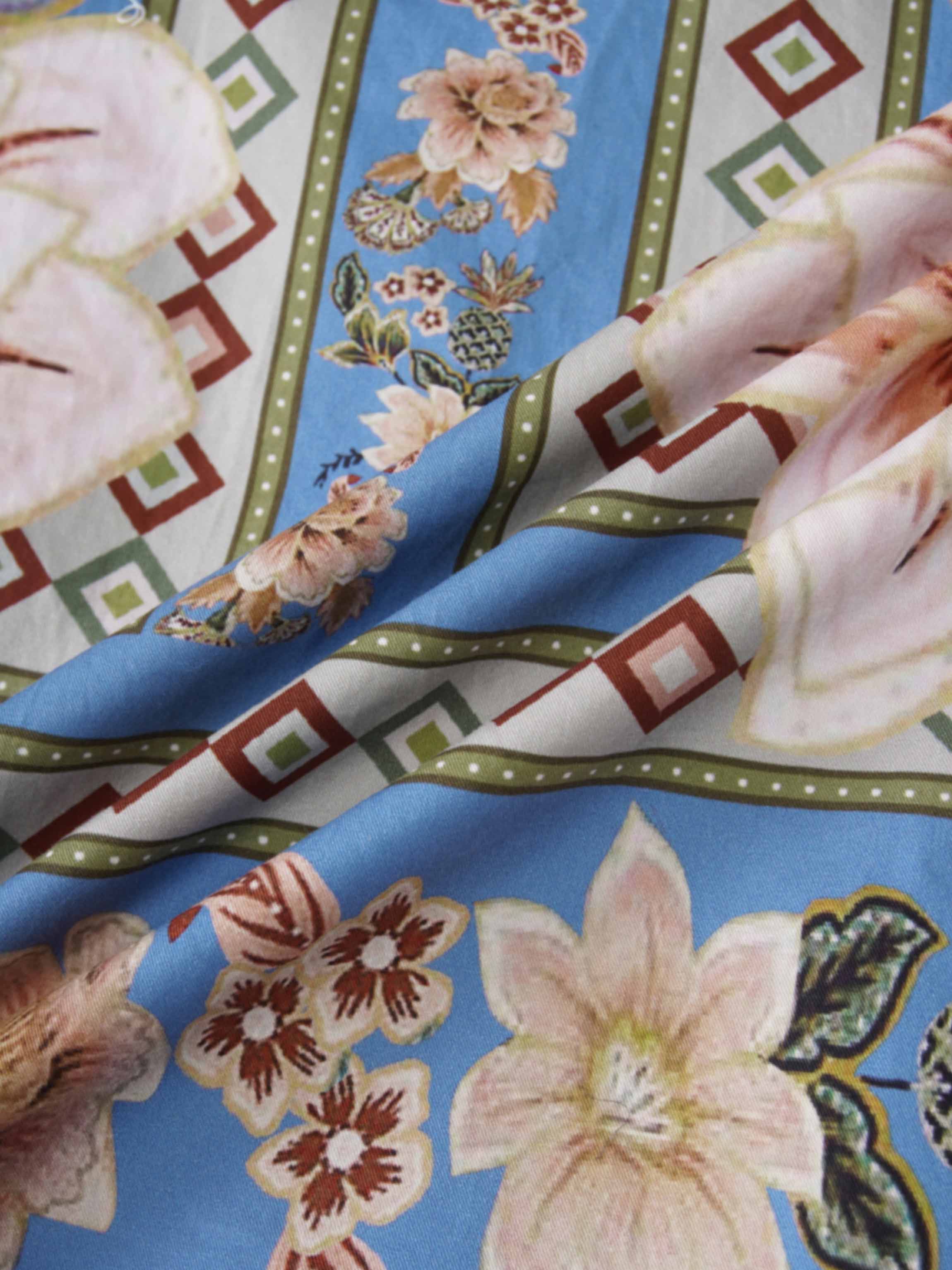 Printed Cotton Pleat Skirt-Light Blue/Peach