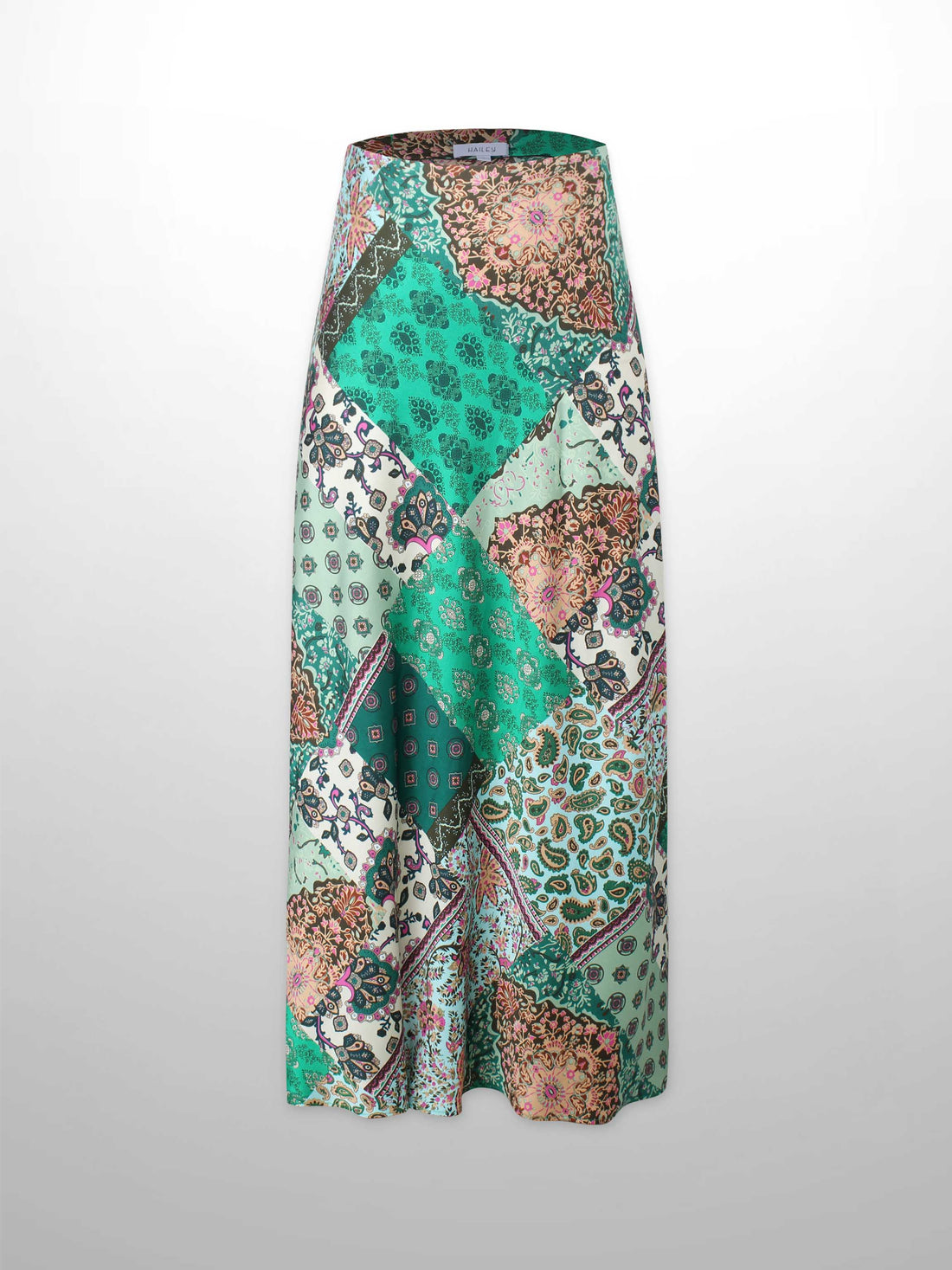 Printed Faux Satin Slip Skirt-Green Bandana