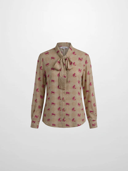 Printed Tassel Bow Blouse - Burgundy Pony