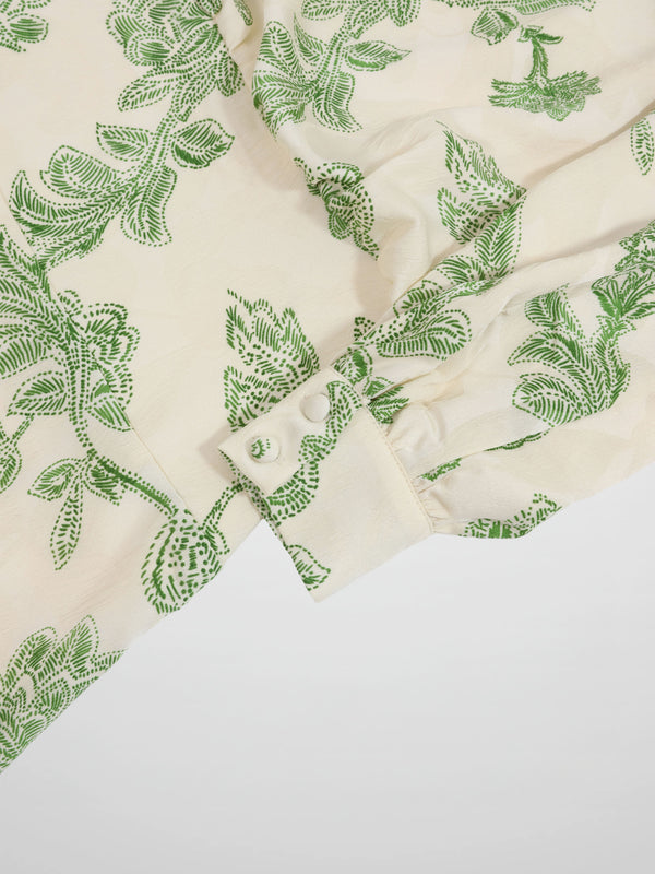 Waist Yoke Dress-Green Sketch Flower