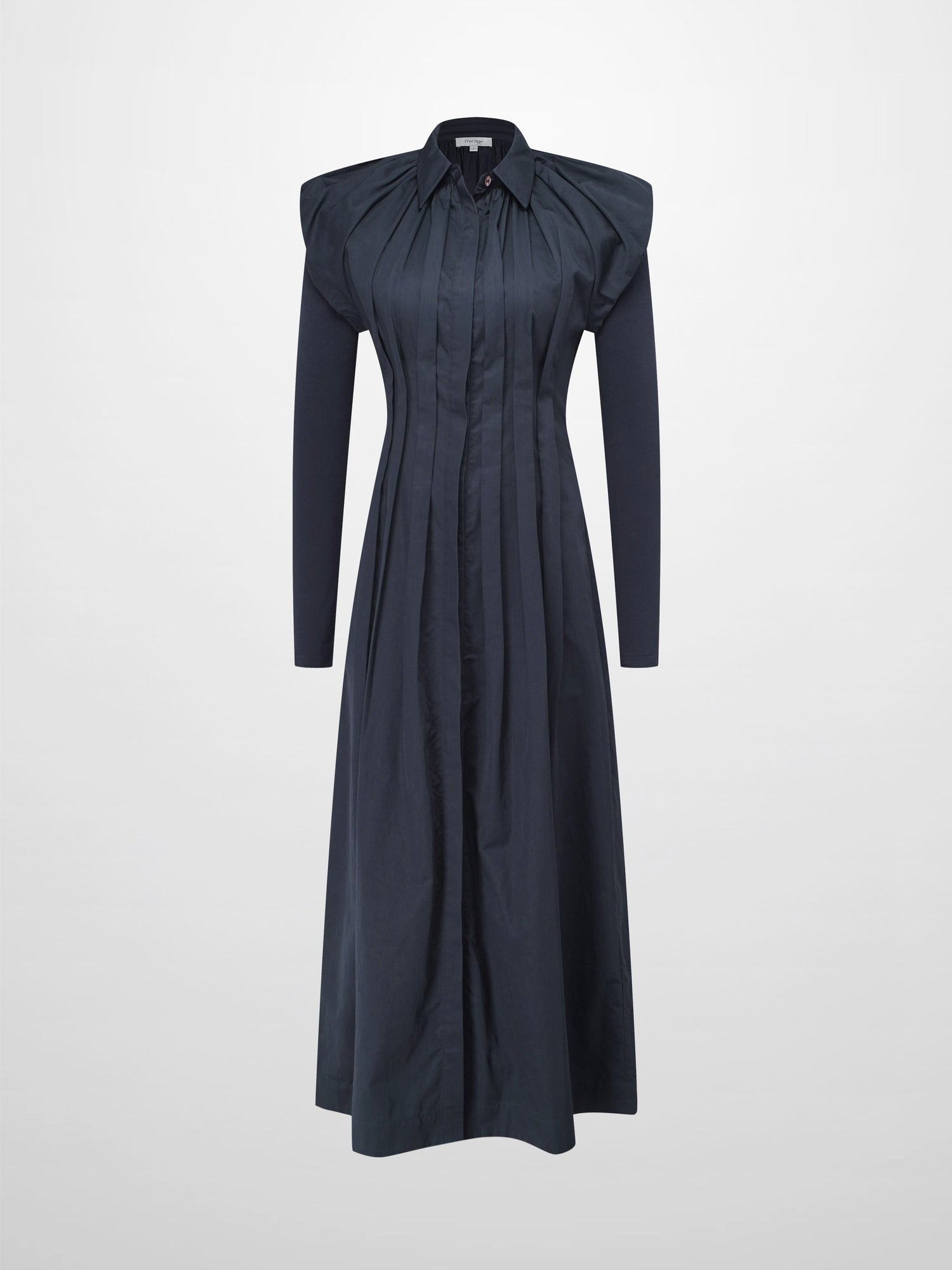 Pleat Front Button Down Dress-Navy