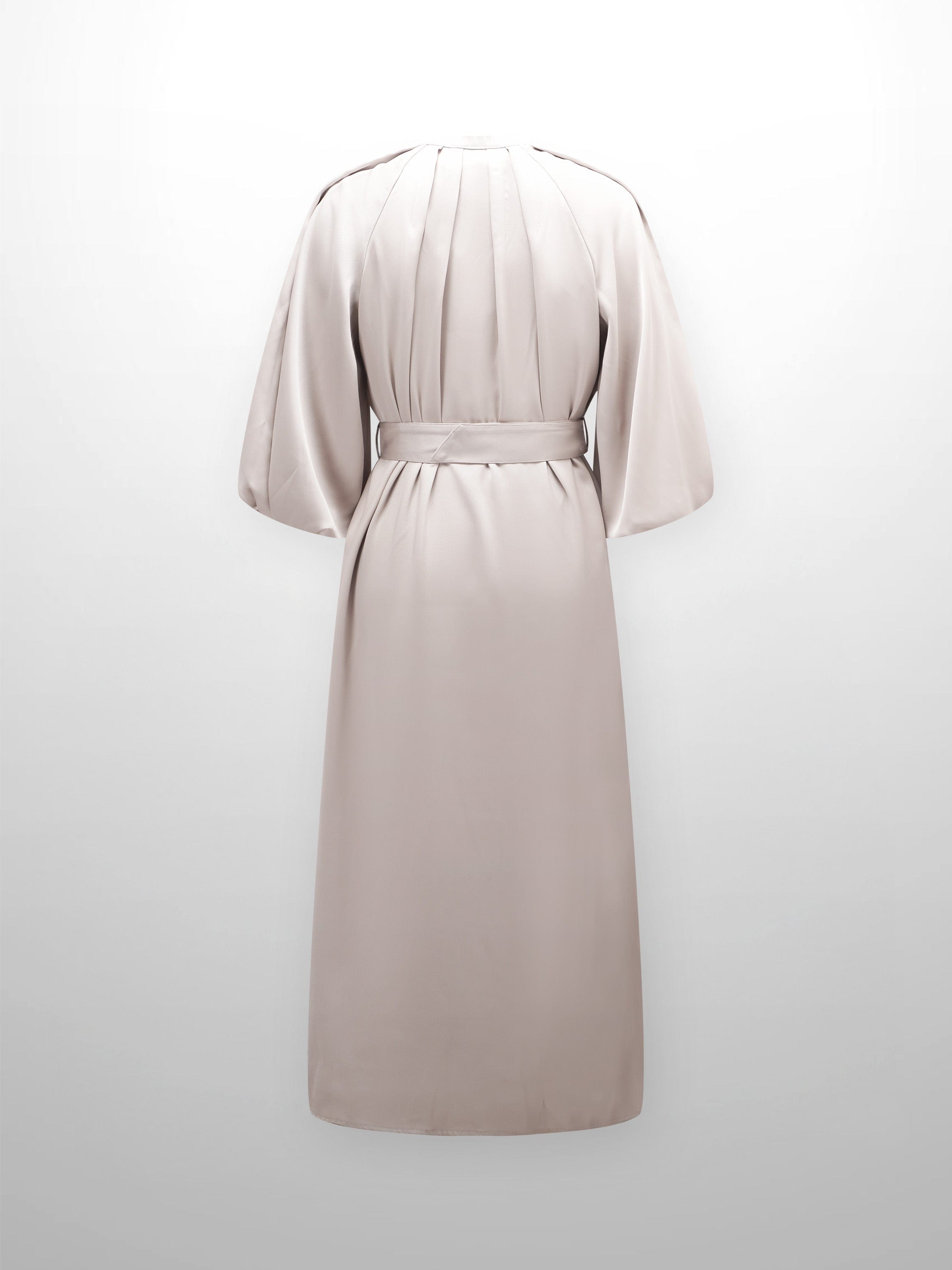 Pleat Neck Belted Dress-Ecru