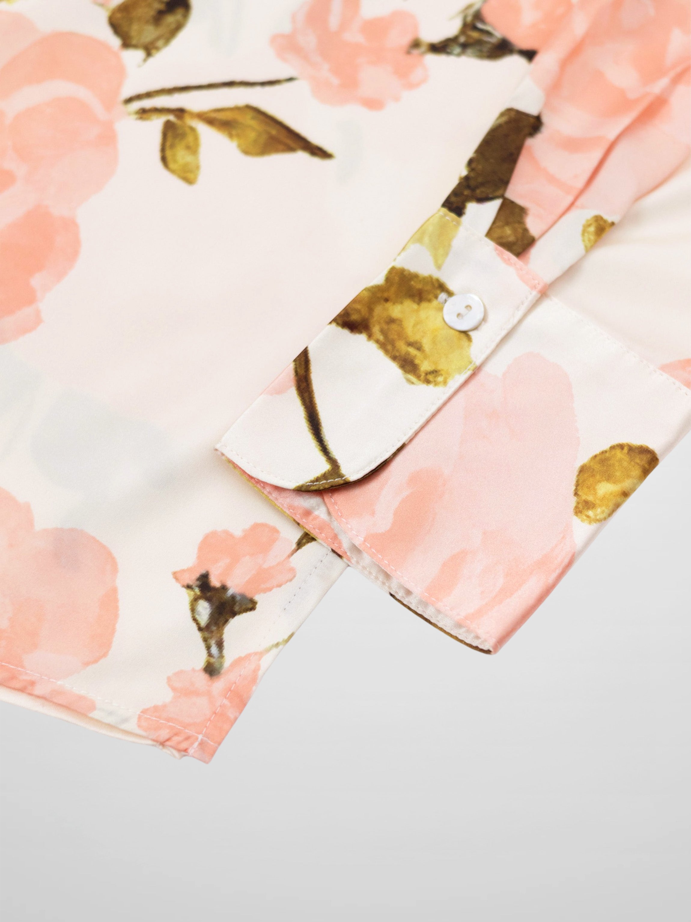 Button Down Faux Satin Blouse-Peach Floral