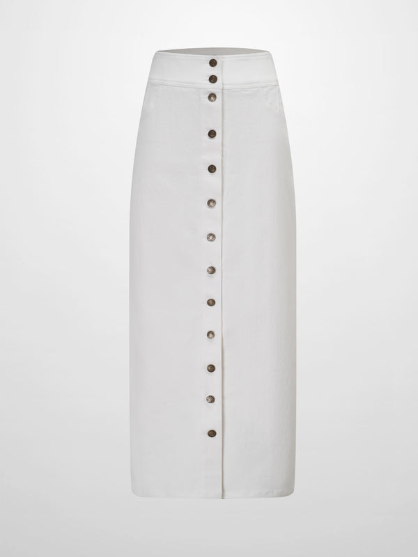 Button Down Denim Skirt-White