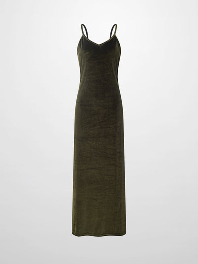 V-Neck Velour Slip Dress-Green