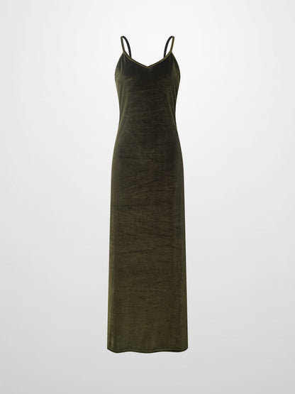 V-Neck Velour Slip Dress-Green