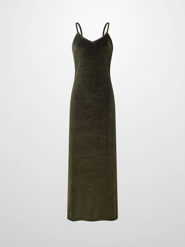 V-Neck Velour Slip Dress-Green