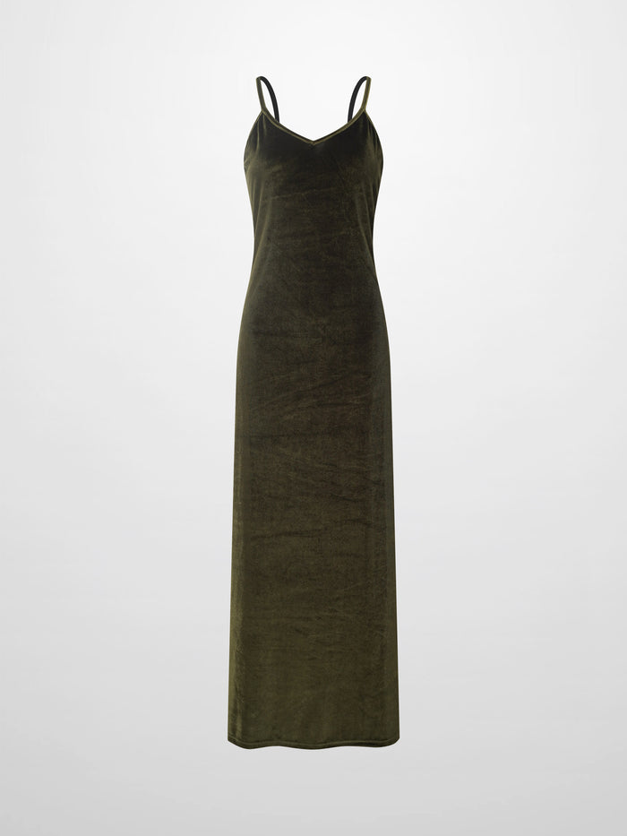 V-Neck Velour Slip Dress-Green