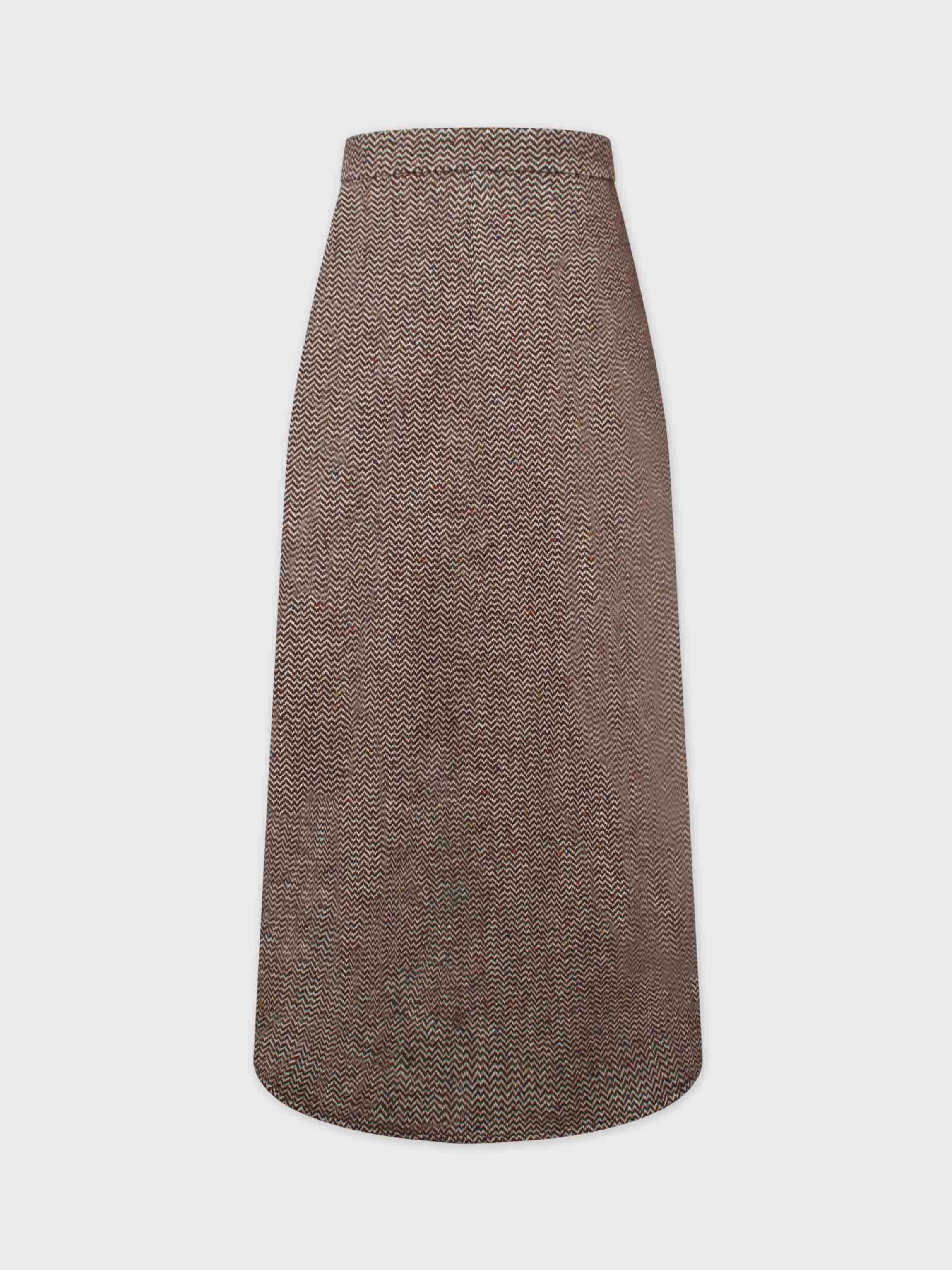 Button Front A-Line Skirt-Brown Herringbone